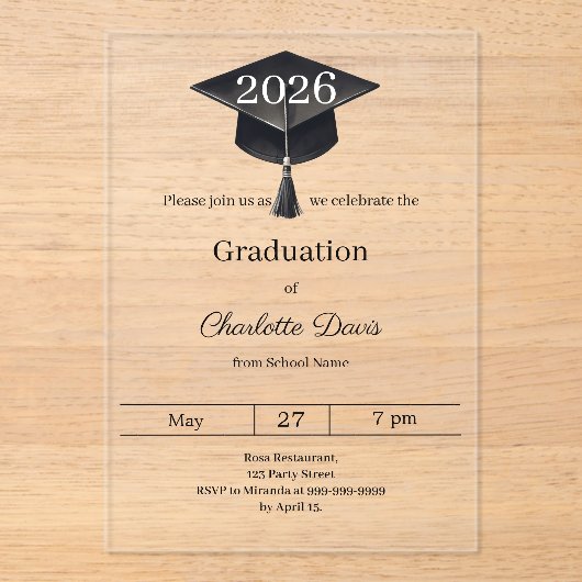 Graduation party class of 2026 clear luxury アクリル招待状 (正面)