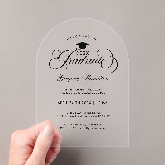 Graduation Party Elegant Black Script Typography アクリル招待状 (インサイチュ (ポータブル))