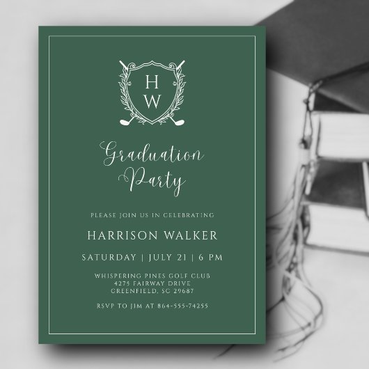 Graduation Party Golf Crest Elegant Script Sage 招待状