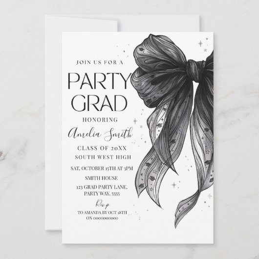 Graduation Party Invitation Black Bow Graduation A 招待状 (正面)
