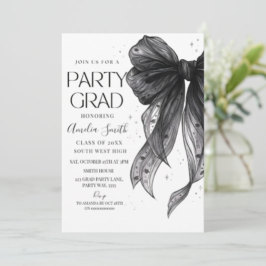 Graduation Party Invitation Black Bow Graduation A 招待状 (スタンド正面)