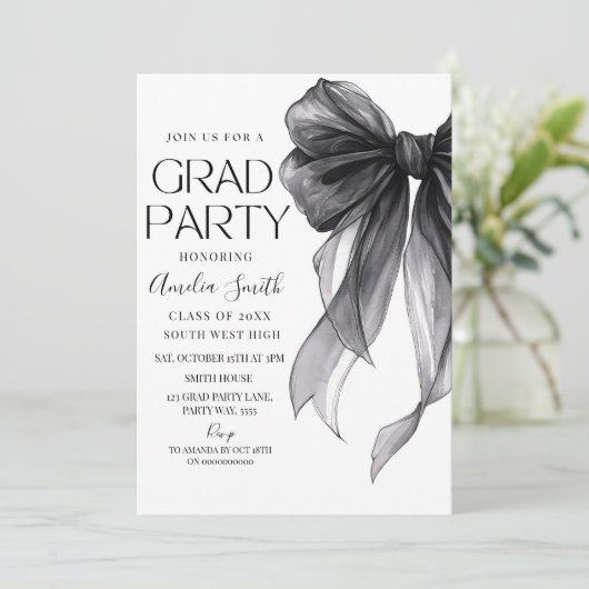 Graduation Party Invitation Black Bow Graduation A 招待状 (スタンド正面)