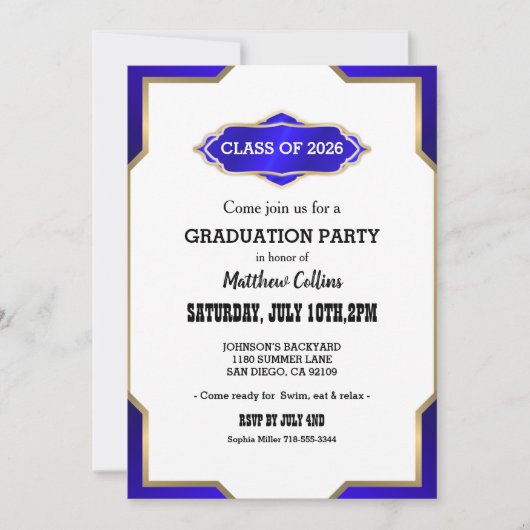 Graduation Party Invitation blue Retro Inspired  招待状 (正面)