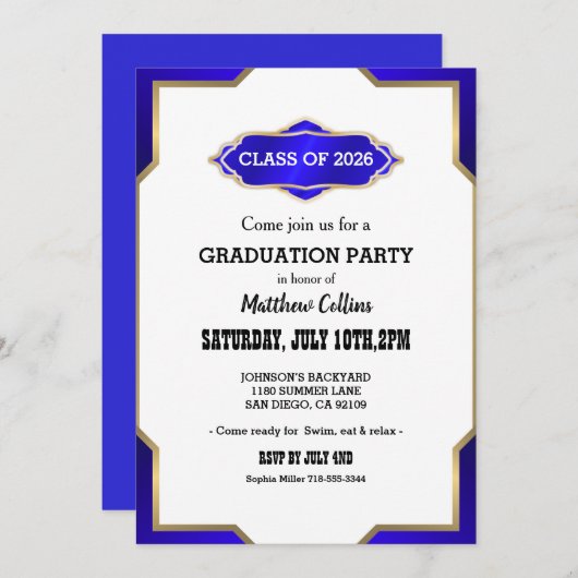Graduation Party Invitation blue Retro Inspired  招待状 (正面/裏面)