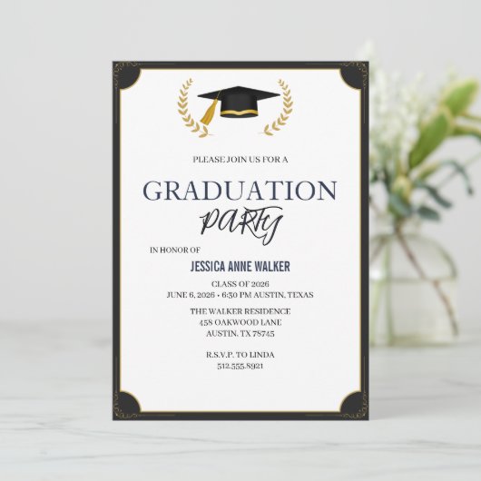Graduation Party Invitation Elegant Blue Editable  招待状 (スタンド正面)