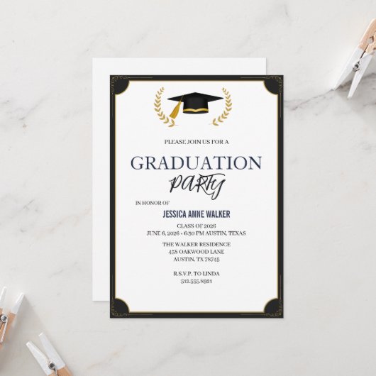 Graduation Party Invitation Elegant Blue Editable 招待状 (正面/裏面インサイチュ)