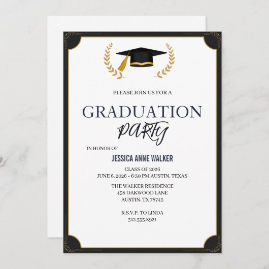 Graduation Party Invitation Elegant Blue Editable 招待状 (正面/裏面)