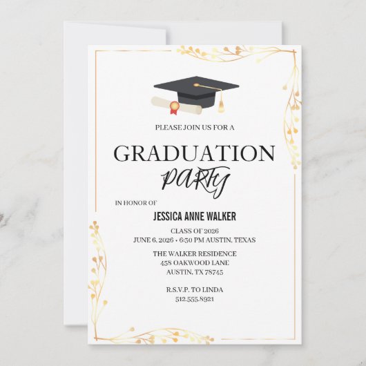 Graduation Party Invitation Elegant Gold Editable 招待状 (正面)