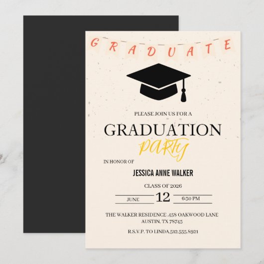 Graduation Party Invitation Elegant Gold Editable  招待状 (正面/裏面)