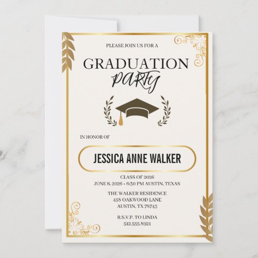 Graduation Party Invitation Elegant Gold Editable  招待状 (正面)