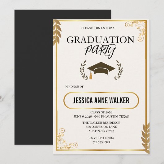 Graduation Party Invitation Elegant Gold Editable 招待状 (正面/裏面)