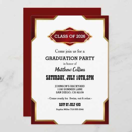 Graduation Party Invitation Red Retro Inspired  招待状 (正面/裏面)