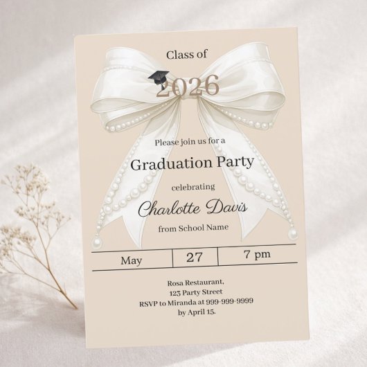 Graduation party ivory bow champagne 2026 招待状