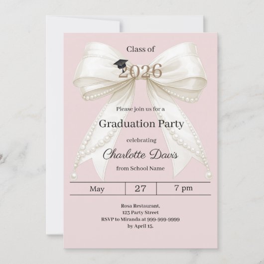 Graduation party ivory bow pink class of 2026 招待状 (正面)