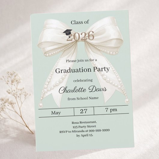 Graduation party ivory bow sage green 2026 招待状