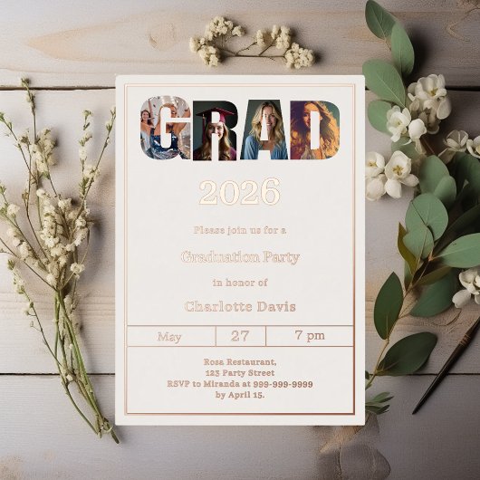 Graduation party ivory rose gold grad photo luxury 箔招待状