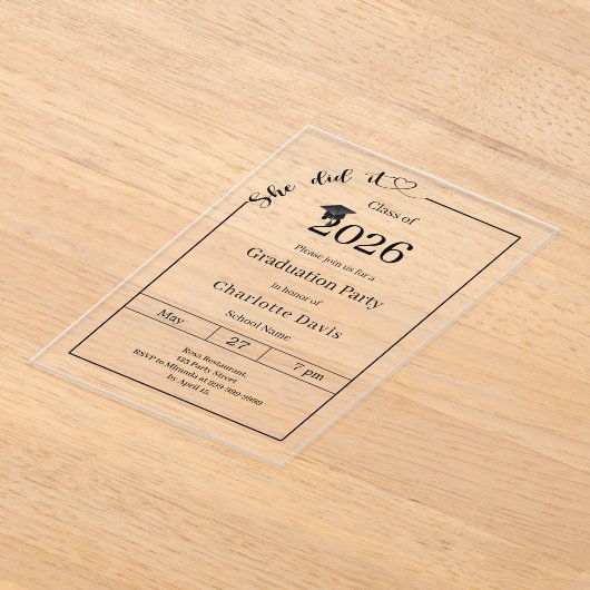 Graduation party minimalist modern She did it アクリル招待状 (レイダウン)