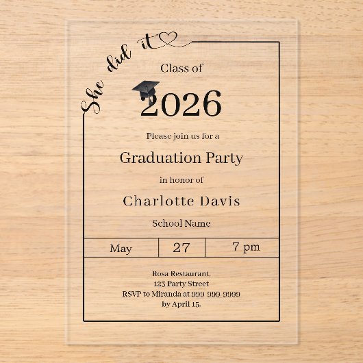 Graduation party minimalist modern She did it アクリル招待状 (正面)