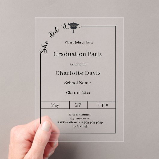 Graduation party modern minimalist She did it アクリル招待状 (インサイチュ (ポータブル))