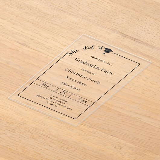 Graduation party modern minimalist She did it アクリル招待状 (レイダウン)