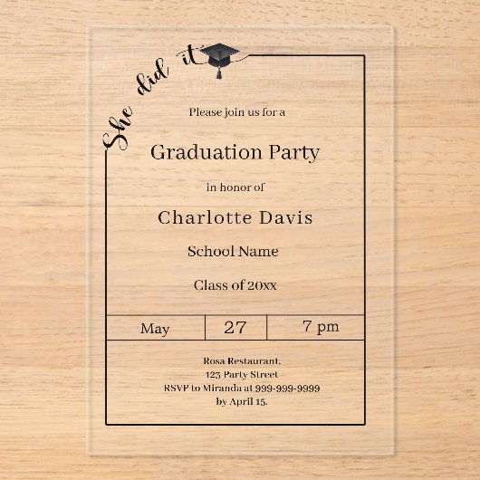 Graduation party modern minimalist She did it アクリル招待状 (正面)