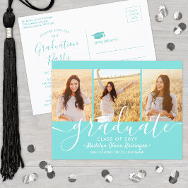 Graduation Party Modern Script Teal Blue 3 Photo インビテーションポストカード