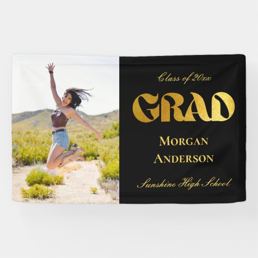 Graduation Party Photo Black Gold Typography Yard 横断幕 (横)