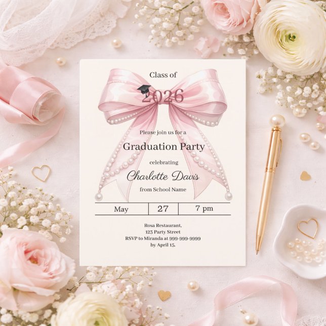 Graduation party pink bow cream invitation (クリエイターアップロード済み)