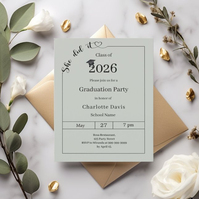 Graduation party Sage Green She did it invitation (クリエイターアップロード済み)
