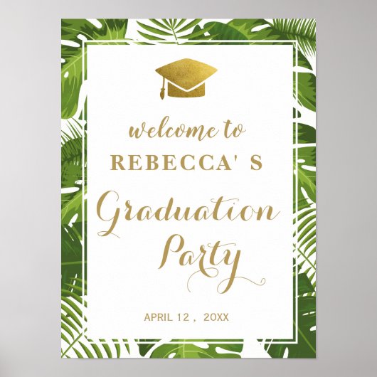 Graduation party welcome sign | tropical and gold ポスター (正面)