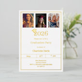 Graduation party white gold photo luxury 箔招待状 (立ち正面)