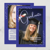 Graduation Photo Announcement Blue and White  招待状 (正面/裏面)