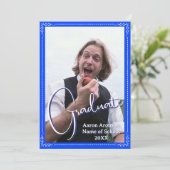 Graduation Photo Announcement Bright Blue & White 招待状 (スタンド正面)