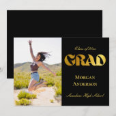 Graduation Photo Black and Gold Announcement  招待状 (正面/裏面)