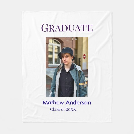 Graduation photo name class of 20XX blue simple bo フリースブランケット (正面)
