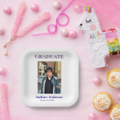 Graduation photo name class of 20XX blue simple bo ペーパープレート (パーティー)