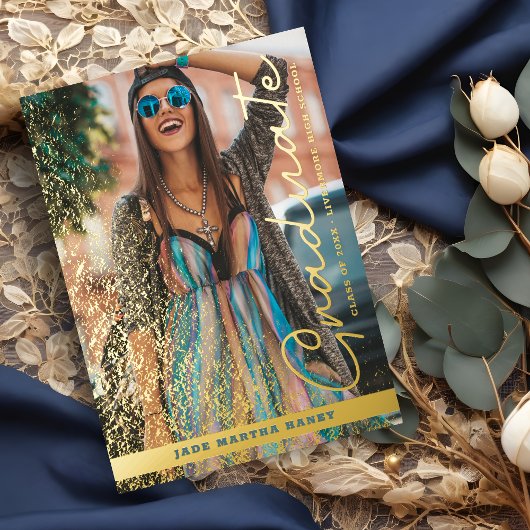 Graduation Real Golden Chic Fancy Romantic Photo  箔招待状