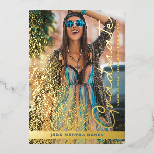 Graduation Real Golden Chic Fancy Romantic Photo 箔招待状 (正面)