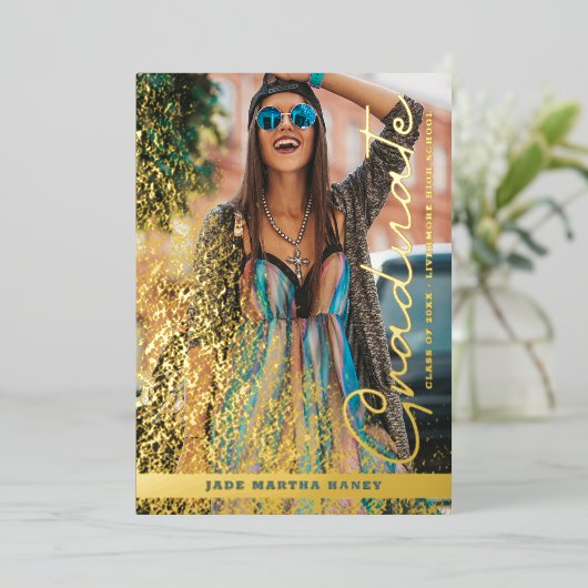 Graduation Real Golden Chic Fancy Romantic Photo 箔招待状 (立ち正面)