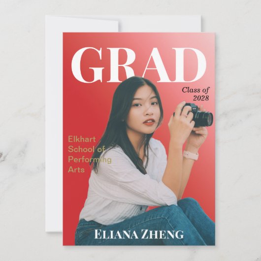 Graduation Red Black White Magazine Announcement 招待状 (正面)