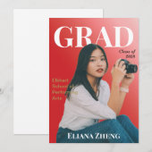 Graduation Red Black White Magazine Announcement 招待状 (正面/裏面)