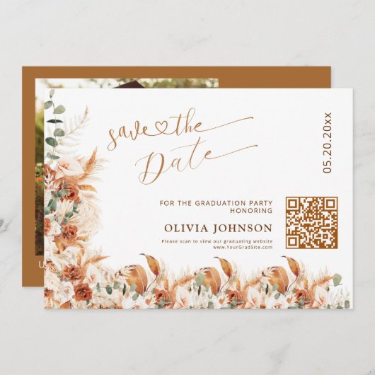 Graduation Save the Date QR Code | Boho Pampass セーブザデート (正面/裏面)