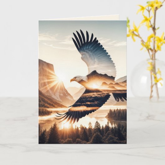 Graduation Soaring Bald Eagle Over Mountain Lake カード (黄色い花)