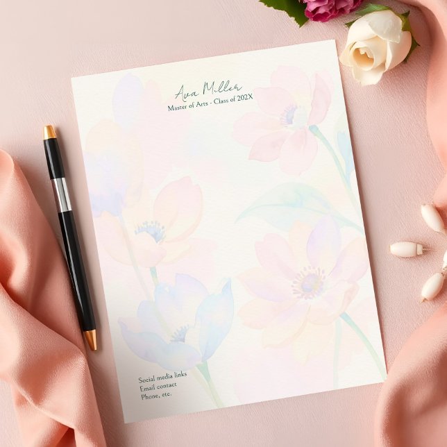 Graduation Thank You Chic Watercolor Floral Script レターヘッド (Soft pastel watercolor floral letterhead personalized for chic graduation thank you notes)