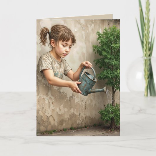 Graffiti Art of Young Girl Watering a City Tree カード (正面)