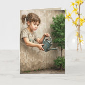 Graffiti Art of Young Girl Watering a City Tree カード (黄色い花)
