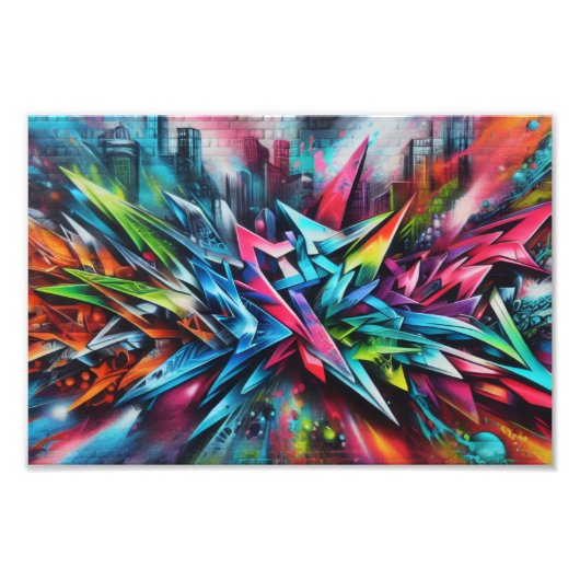 Graffiti auf Ziegelwand mit Skyline Streetart フォトプリント (正面)