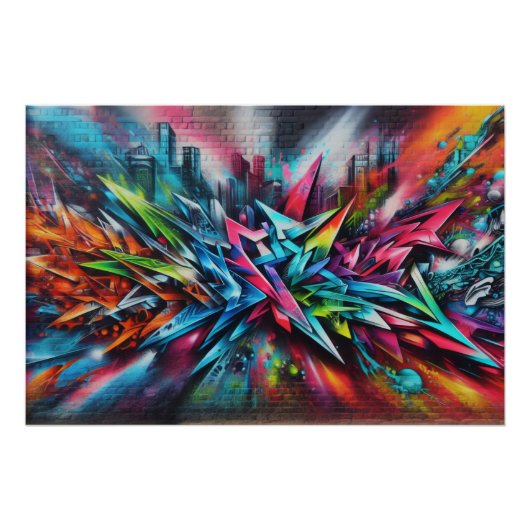 Graffiti auf Ziegelwand mit Skyline Streetart ポスター (正面)