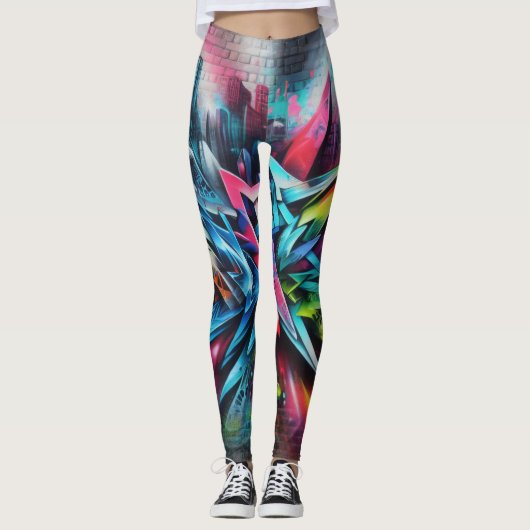 Graffiti auf Ziegelwand mit Skyline Streetart レギンス (正面)