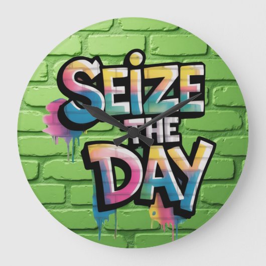 Graffiti Colorful Text Saying Seize The Day ラージ壁時計 (正面)